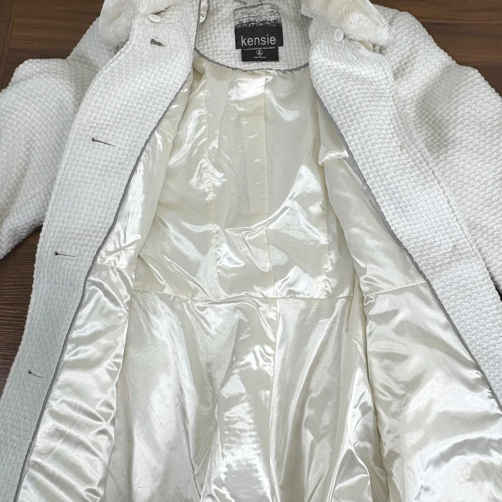 Kensie Womens Pea Coat Faux Fur Removable Collar White Peplum Waffle Knit Size L